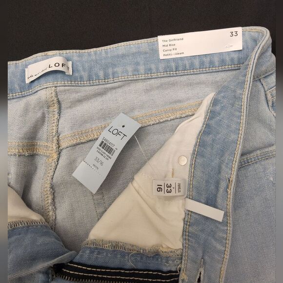LOFT Petite Curvy Girlfriend Jeans in Patched Light Indigo Wash - Picture 5 of 7